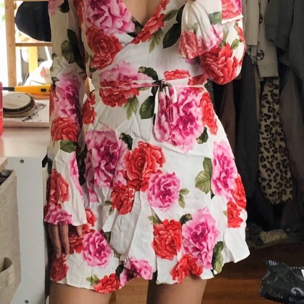 Pink & Red Rose Floral Wrap Dress 🌹